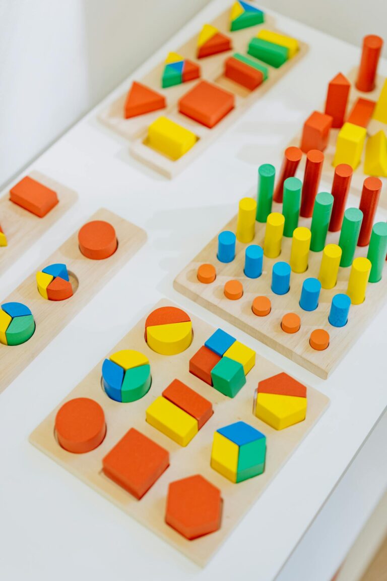 Brightly colored wooden toys for preschool learning and play, enhancing creativity.